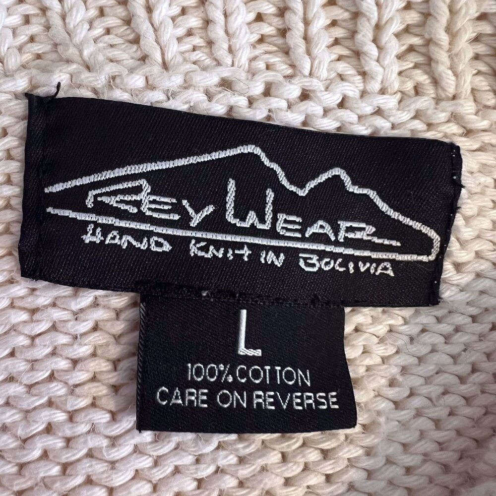 VINTAGE Rey Wear Hand Knit Cardigan100% Cotton Bolivia Chunky Knit Sweater L - Picture 5 of 8
